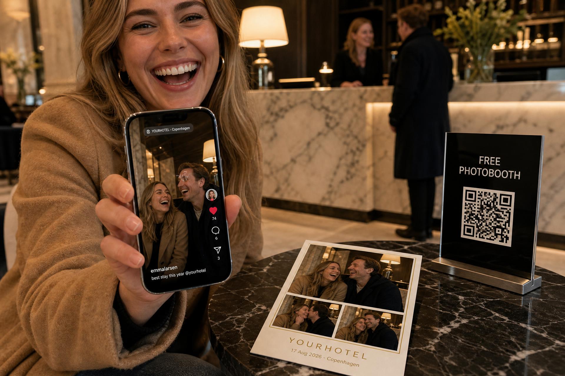 A woman in a hotel lobby holding up her own phone with the post she just shared, next to a cream and gold branded photo postcard from the same session and a small black “Free Photobooth” QR plate on the reception desk